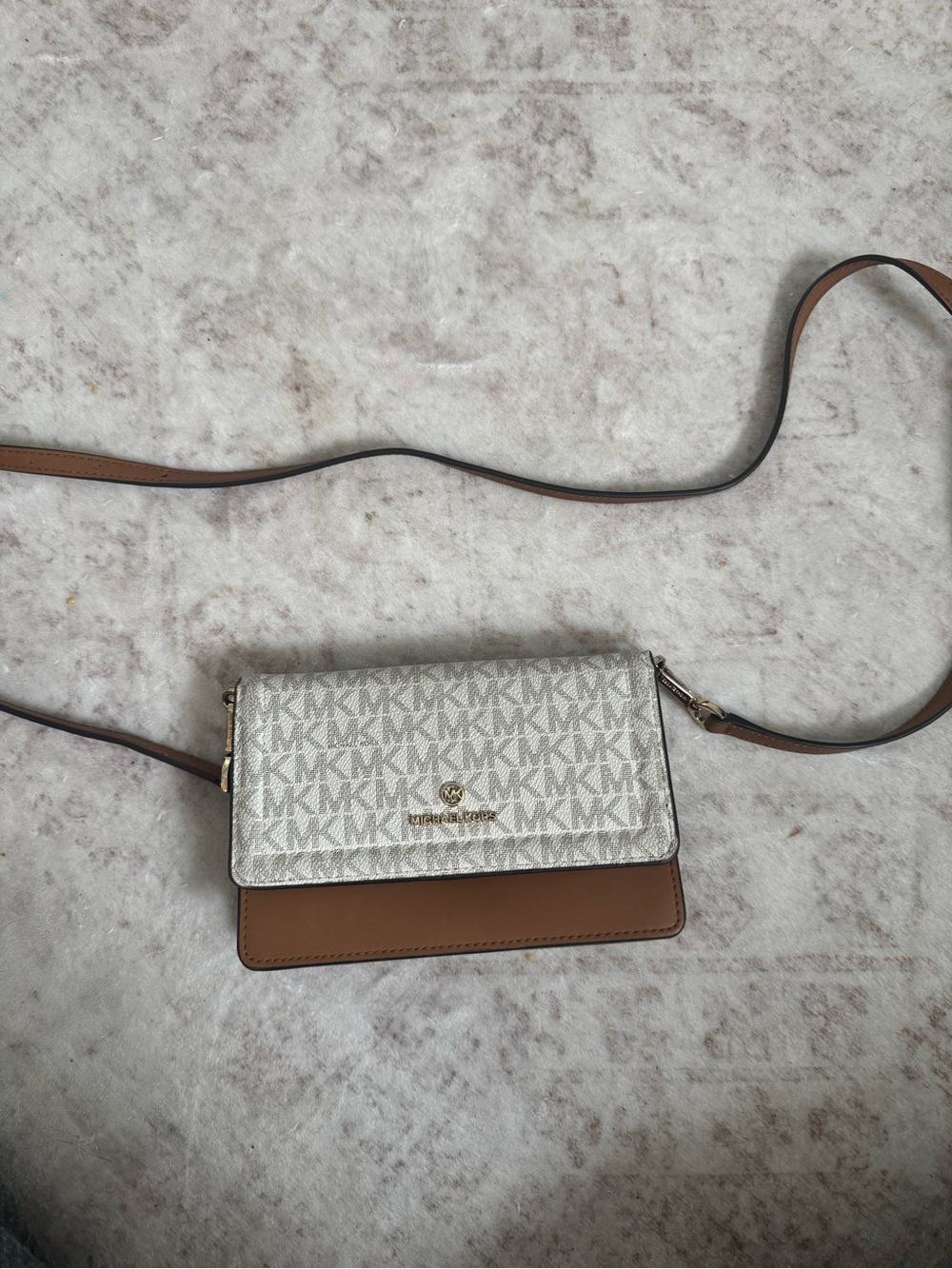 Michael Kors Beige Logo and Brown Leather Crossbody Bag